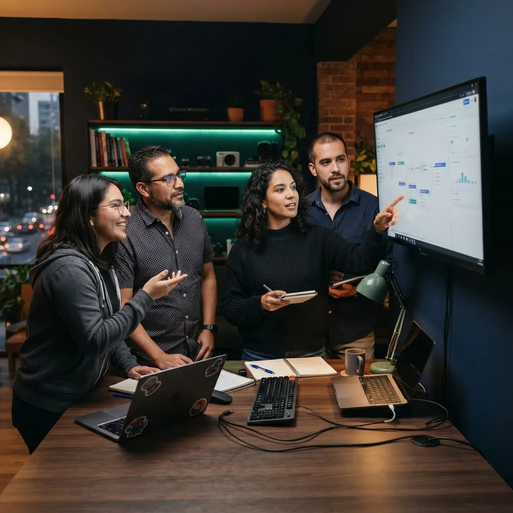 Equipo de Novatio colaborando frente a un sistema digital